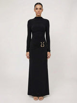 Ruched Metallic Buckle Maxi Dress