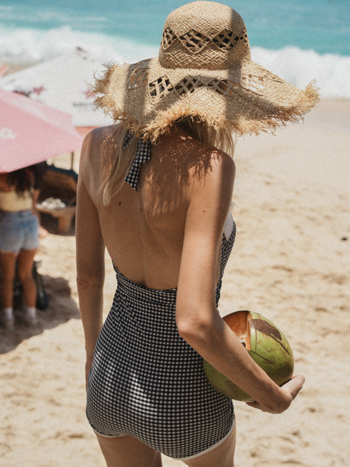 Vintage Plaid Halter One-Piece Swimsuit – Built-In Bra, Backless Design, Boyshort Bottom