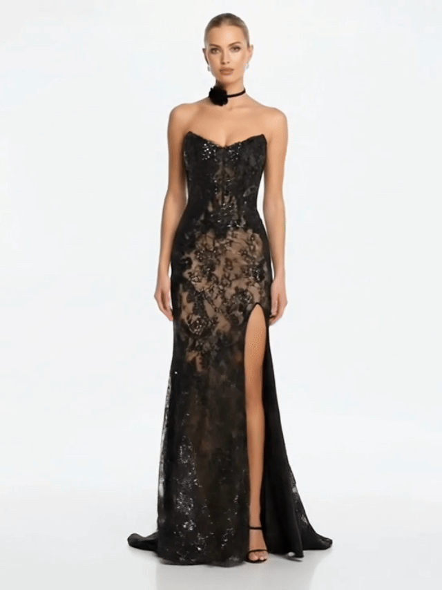 Strapless Sequin Lace Corset High Slit Dress with Matching Choker